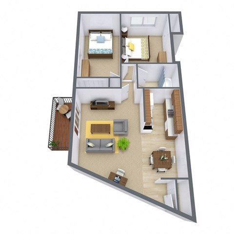 Floor plan for 2 beds, 1 bath, 960 sqft